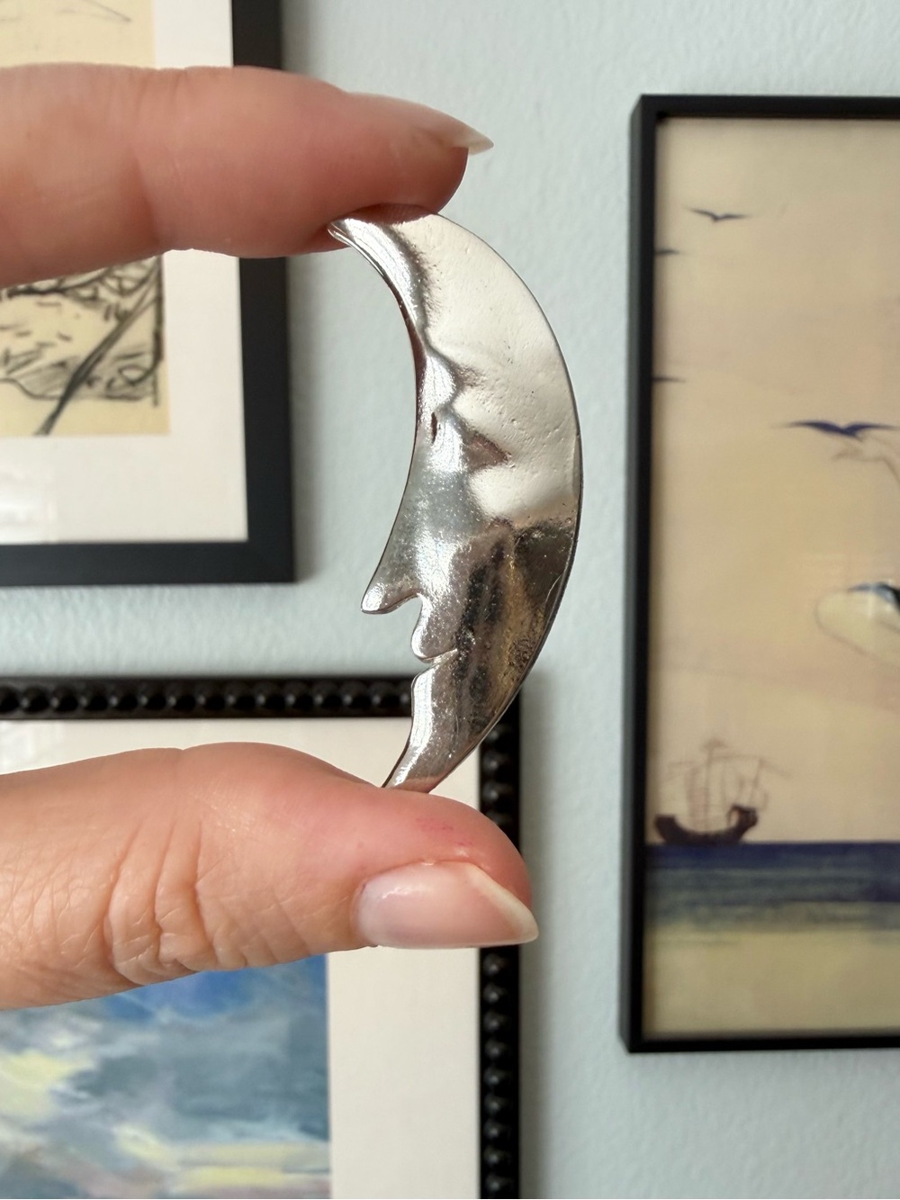 Vintage Silver Tone Crescent Moon Face Brooch 2.25” Celestial Man in the Moon